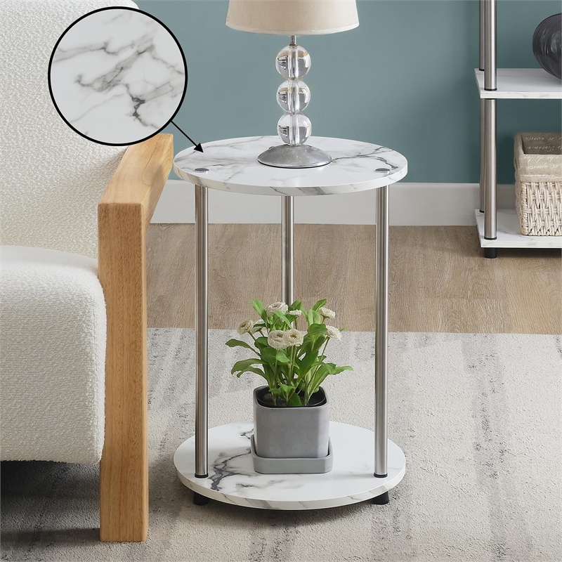 Pemberly Row Two-Tier Round Modern Stainless Steel End Table in White