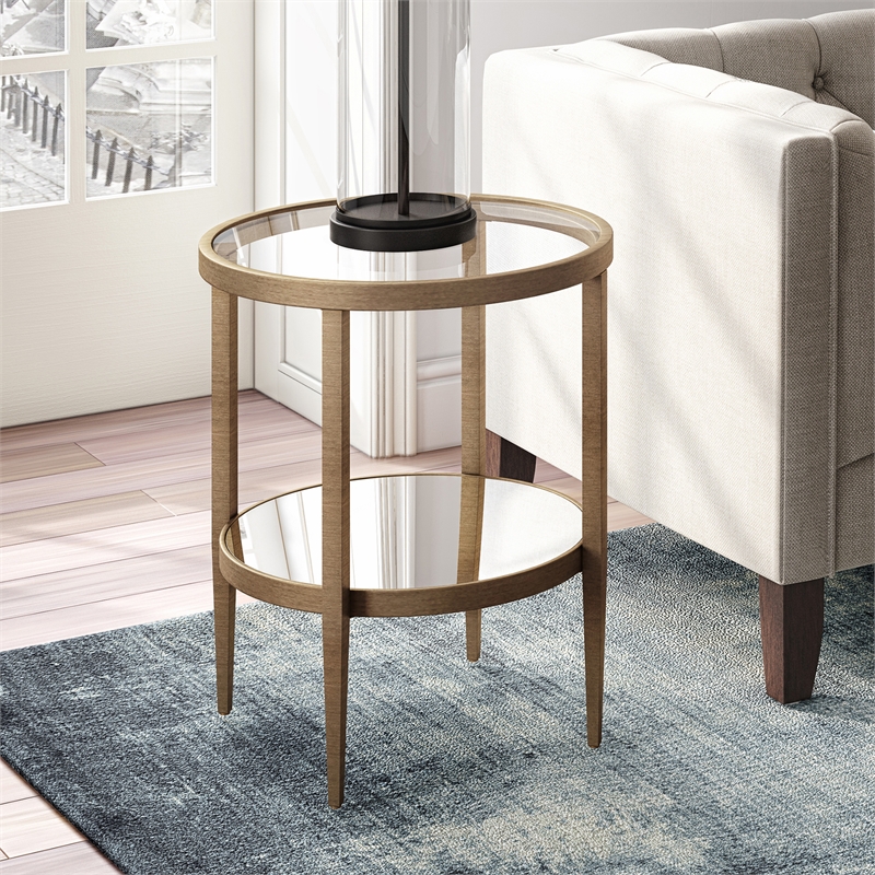 Pemberly Row Double Shelf Round Modern Metal Side Table in Brass