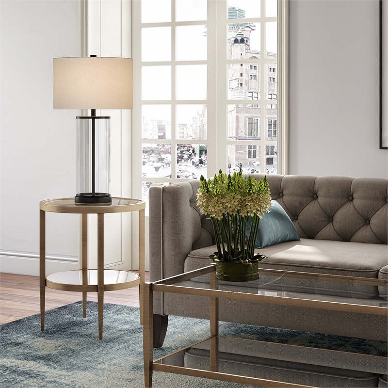 Pemberly Row Double Shelf Round Modern Metal Side Table in Brass