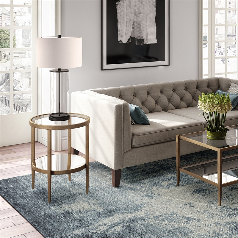 Pemberly Row Double Shelf Round Modern Metal Side Table in Brass