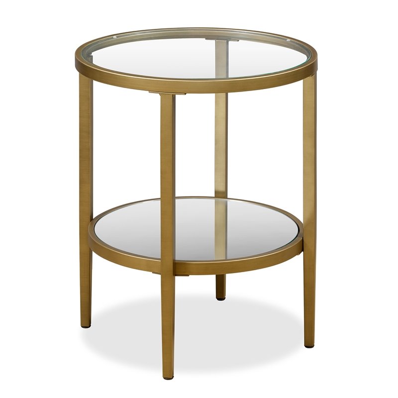 Pemberly Row Double Shelf Round Modern Metal Side Table in Brass