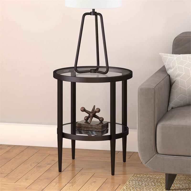Pemberly Row End Table Coffee Accent Table Round in Glass Top and Metal - Black