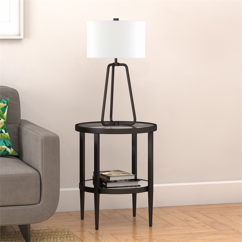 Pemberly Row End Table Coffee Accent Table Round in Glass Top and Metal - Black