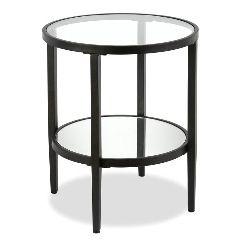 Pemberly Row End Table Coffee Accent Table Round in Glass Top and Metal - Black