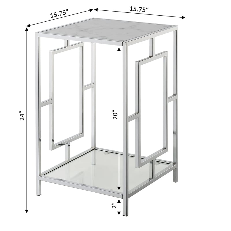 Pemberly Row Metal End Table with White Faux Marble Top & Clear Glass in Chrome