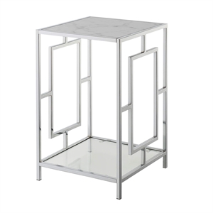 Pemberly Row Metal End Table with White Faux Marble Top & Clear Glass in Chrome