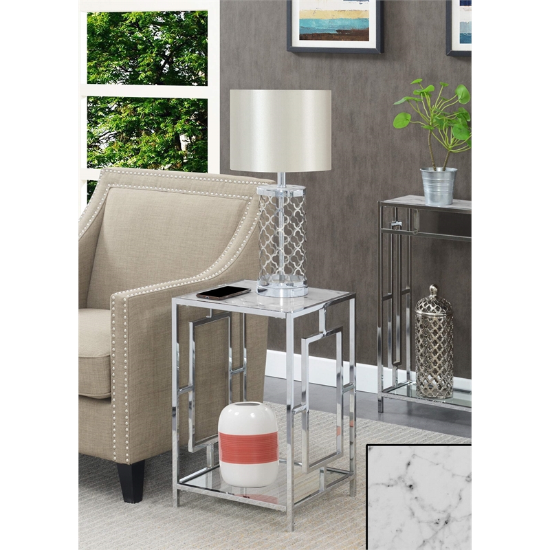Pemberly Row Metal End Table with White Faux Marble Top & Clear Glass in Chrome