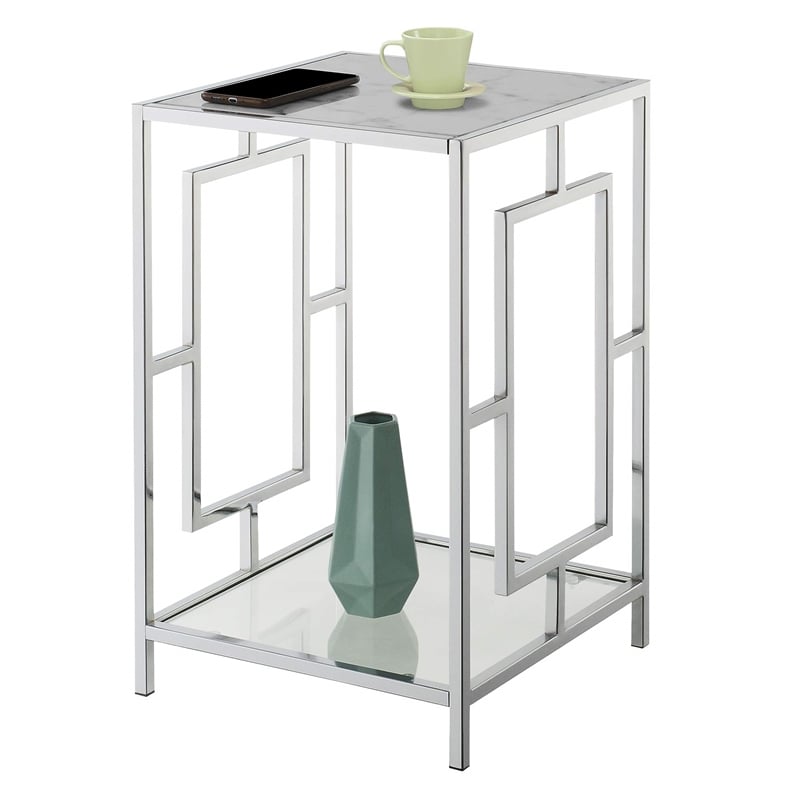 Pemberly Row Metal End Table with White Faux Marble Top & Clear Glass in Chrome