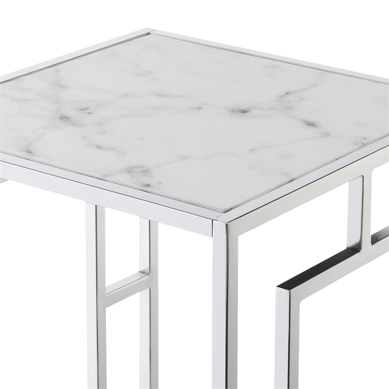 Pemberly Row Metal End Table with White Faux Marble Top & Clear Glass in Chrome