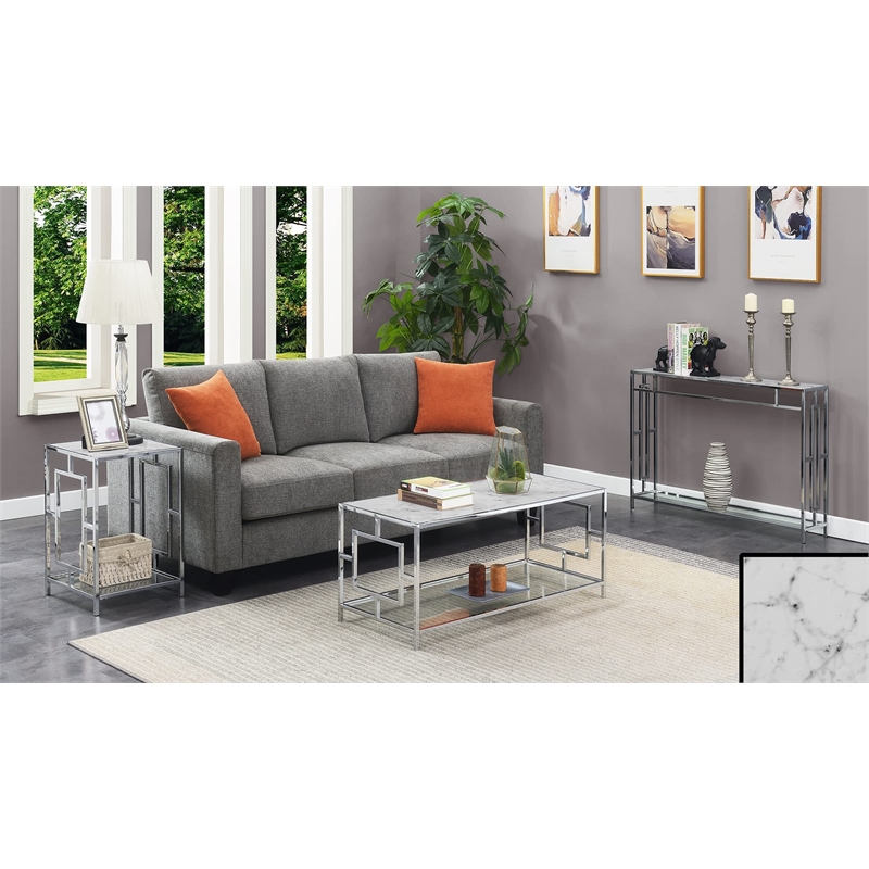 Pemberly Row Metal End Table with White Faux Marble Top & Clear Glass in Chrome