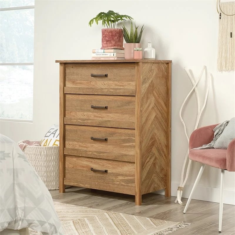 Pemberly Row Coastal 4-Drawer Engineered Wood Bedroom Chest in Mango Brown