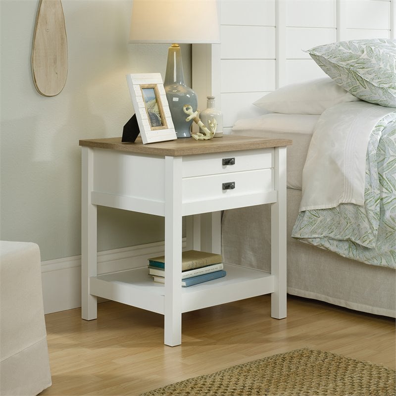 Pemberly Row 1 Drawer Nightstand in Soft White and Lintel Oak