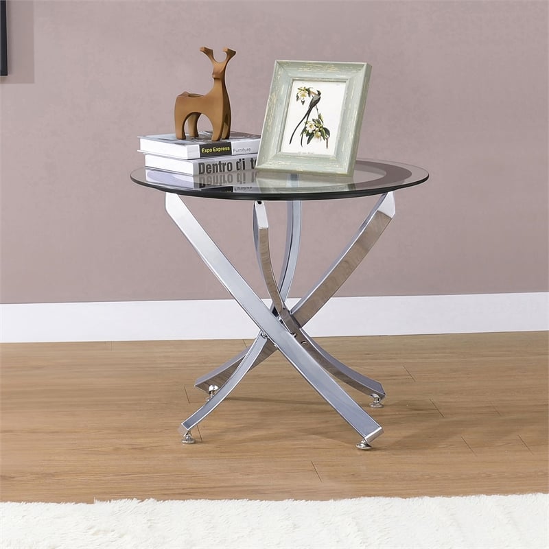 Pemberly Row End Table Coffee Accent Table Round in Glass Top and Metal - Chrome