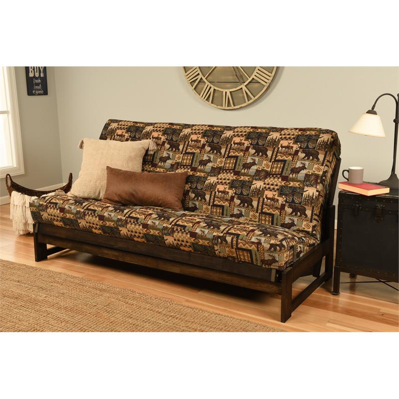 Pemberly Row Full-size Fabric Futon Mattress in Brown Peter's Cabin Print-Frame Not Included