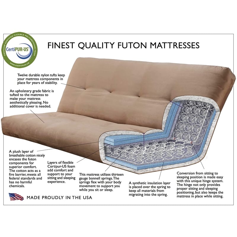 Pemberly Row Full-size Suede Fabric Futon Mattress in Brown-Frame Not Included