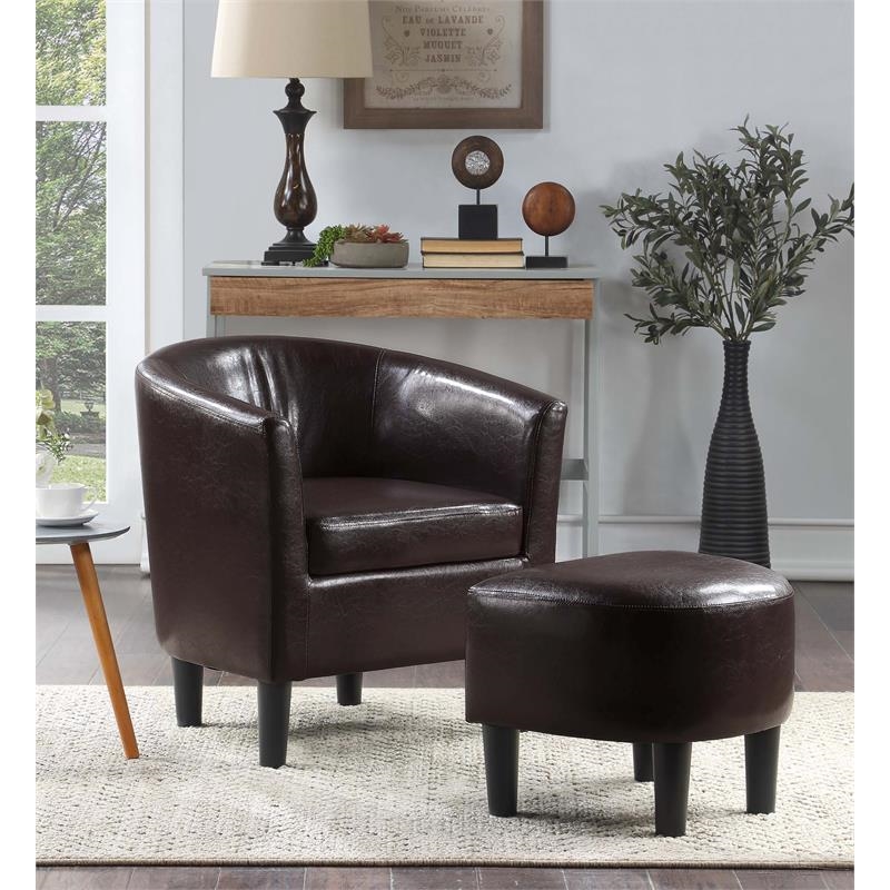 Pemberly Row Contemporary Faux Leather Accent Chair with Ottoman in Espresso