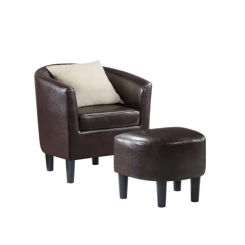 Pemberly Row Contemporary Faux Leather Accent Chair with Ottoman in Espresso