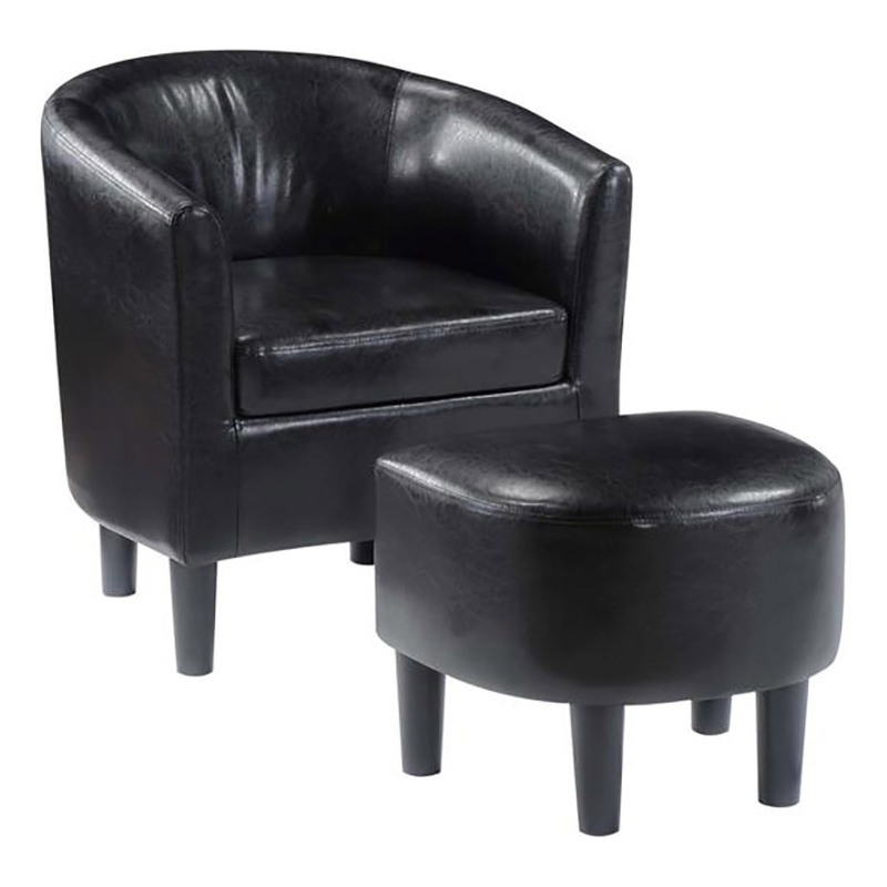 Pemberly Row Contemporary Faux Leather Accent Chair with Ottoman in Black