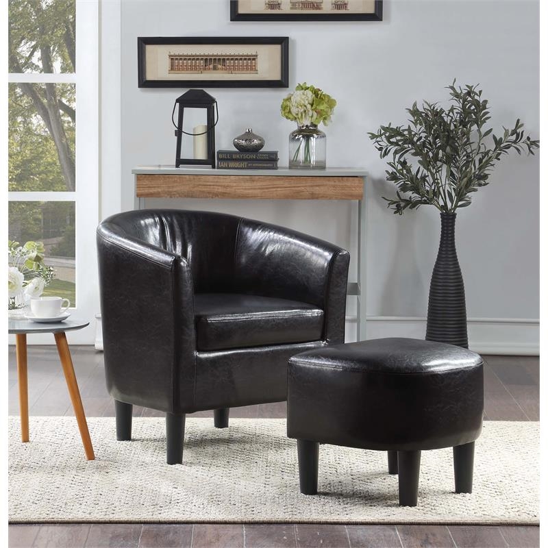 Pemberly Row Contemporary Faux Leather Accent Chair with Ottoman in Black