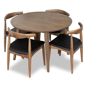 Pemberly Row 5-Piece Round Table Dining Set in Walnut w/4 Chairs in Black