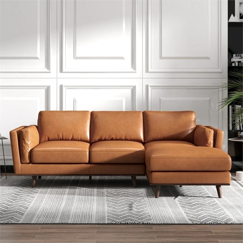 Pemberly Row Mid-Century Genuine Leather Right Facing Sectional Sofa in Tan