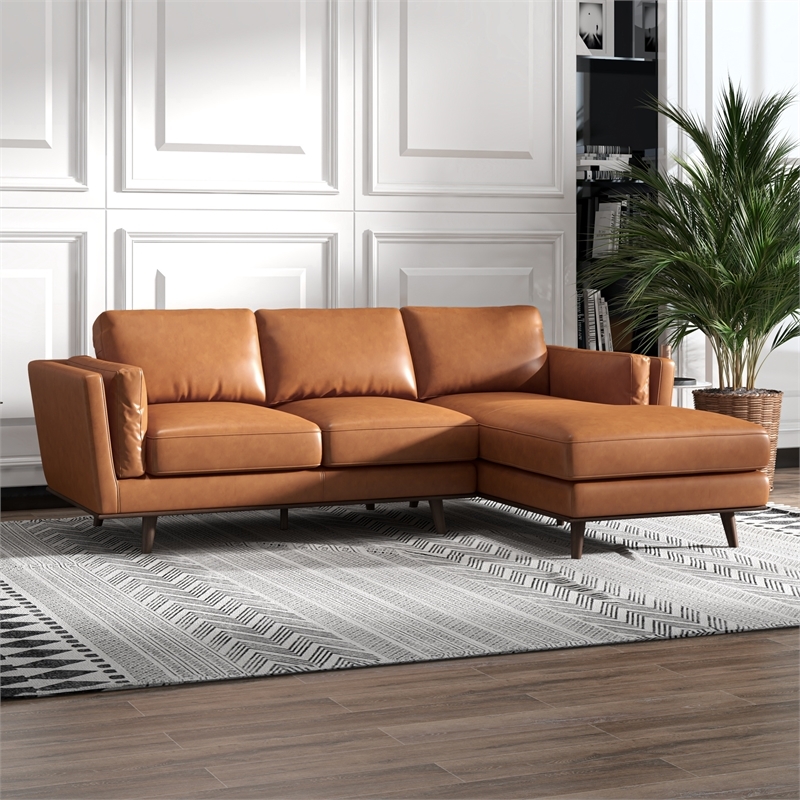 Pemberly Row Mid-Century Genuine Leather Right Facing Sectional Sofa in Tan