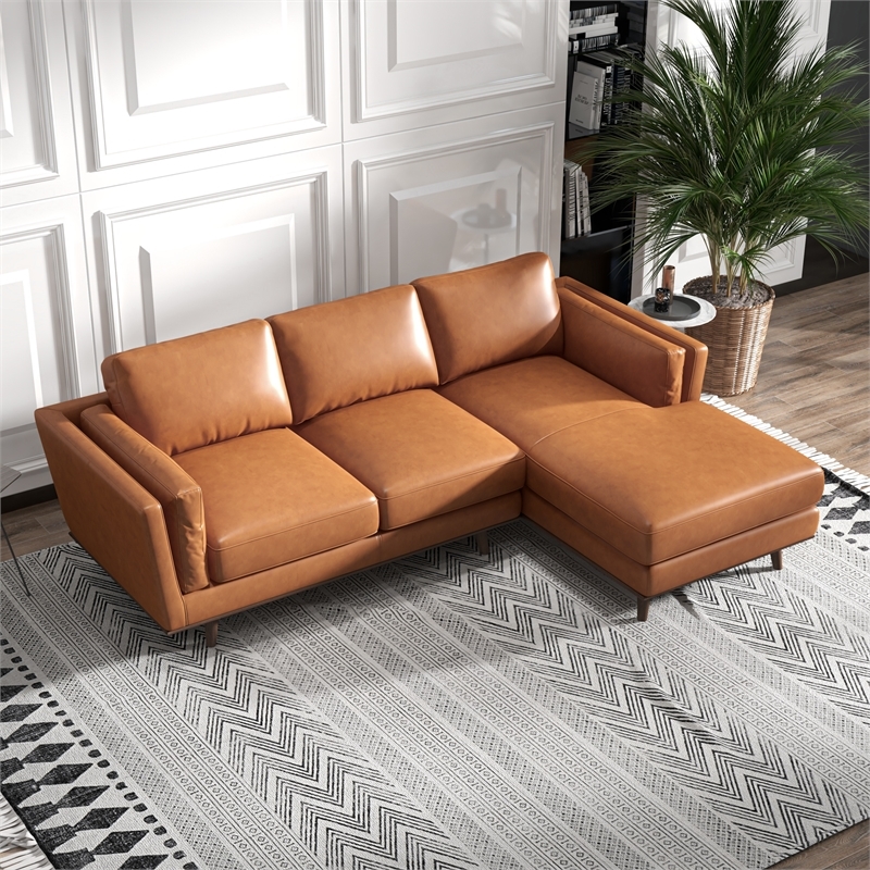 Pemberly Row Mid-Century Genuine Leather Right Facing Sectional Sofa in Tan