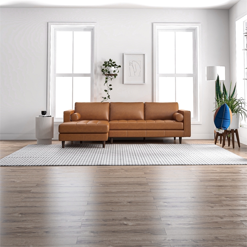 Pemberly Row Mid-Century Leather Cushion-Back Left-Facing Sectional in Tan