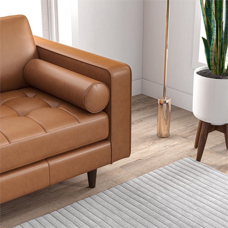 Pemberly Row Mid-Century Leather Cushion-Back Left-Facing Sectional in Tan