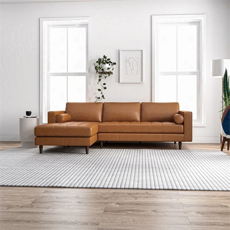 Pemberly Row Mid-Century Leather Cushion-Back Left-Facing Sectional in Tan