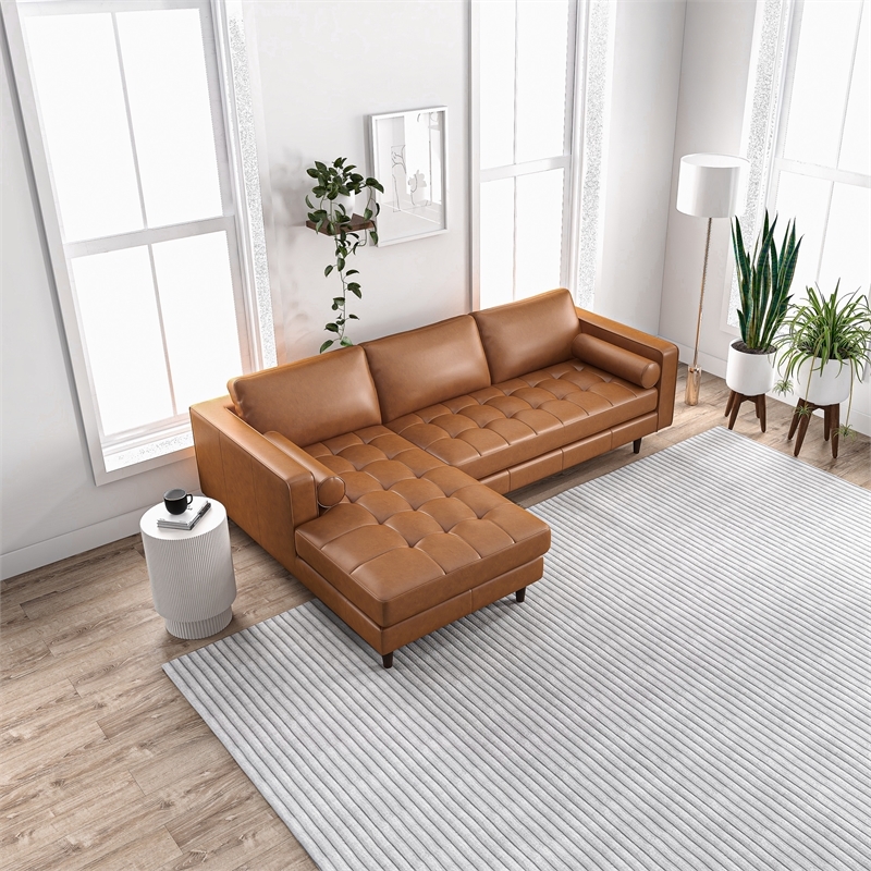 Pemberly Row Mid-Century Leather Cushion-Back Left-Facing Sectional in Tan