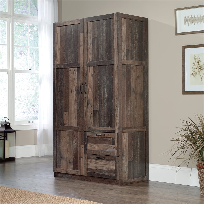 Pemberly Row Engineered Wood Wardrobe Armoire in Rustic Reclaimed Pine/Brown