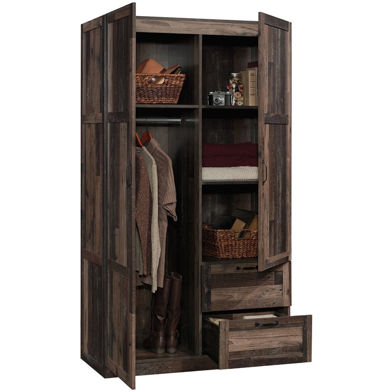 Pemberly Row Engineered Wood Wardrobe Armoire in Rustic Reclaimed Pine/Brown