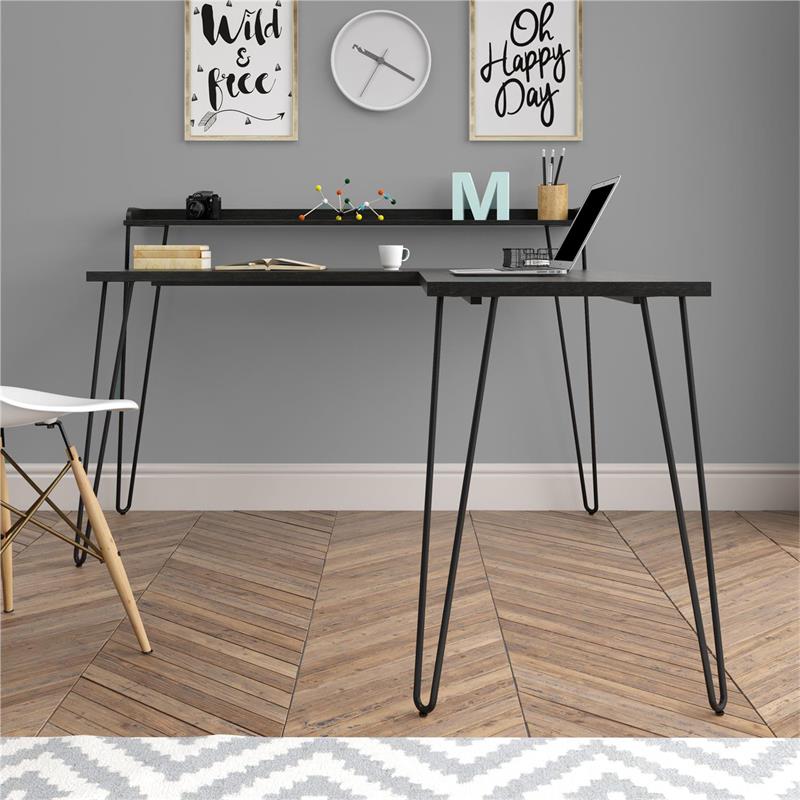 Pemberly Row Traditional L Desk with Riser in Black Oak