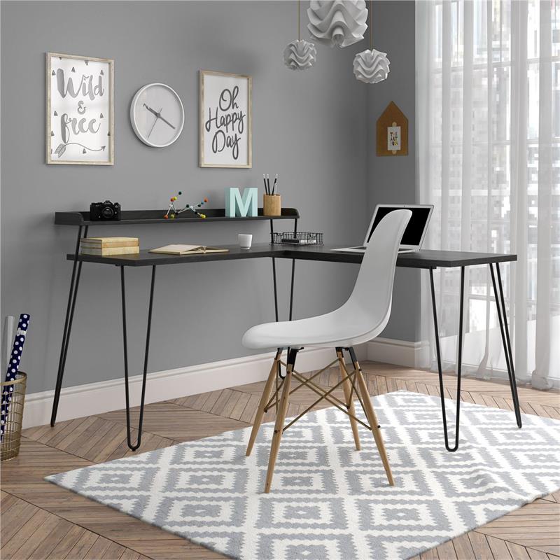 Pemberly Row Traditional L Desk with Riser in Black Oak