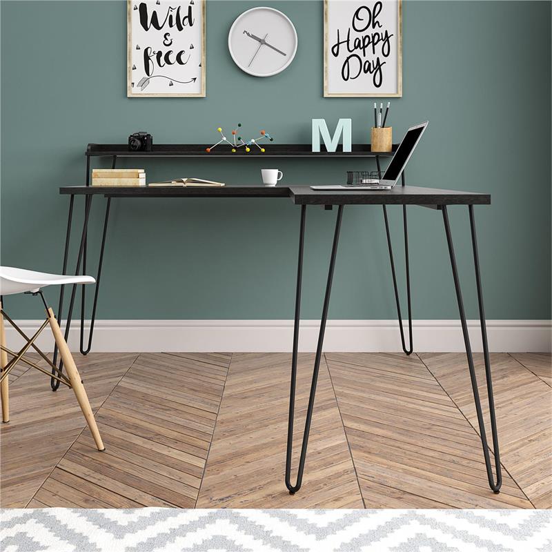Pemberly Row Traditional L Desk with Riser in Black Oak