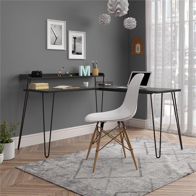 Pemberly Row Traditional L Desk with Riser in Black Oak