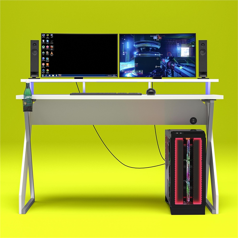 Pemberly Row Modern Gaming Desk with Riser in White
