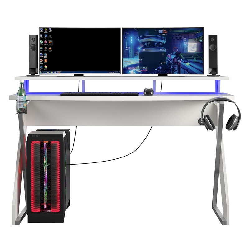Pemberly Row Modern Gaming Desk with Riser in White