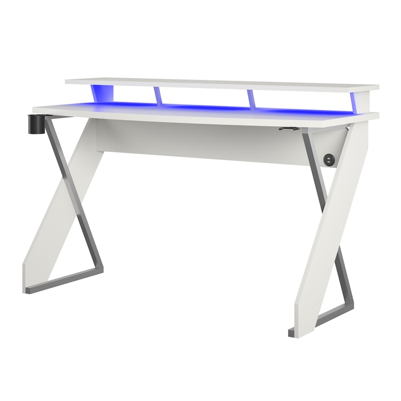 Pemberly Row Modern Gaming Desk with Riser in White
