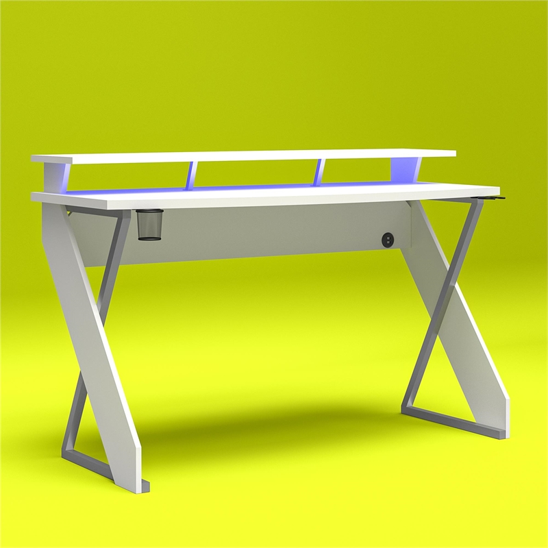 Pemberly Row Modern Gaming Desk with Riser in White