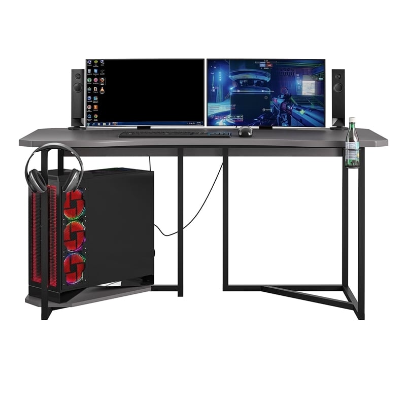 Pemberly Row Modern Wood Gaming Desk with CPU Stand in Dark Gray/Black