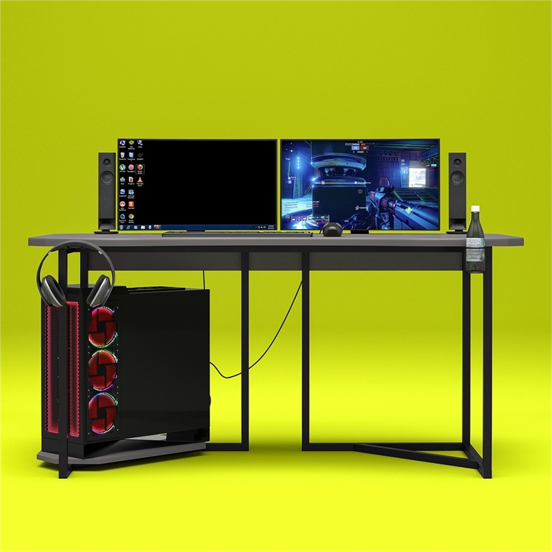 Pemberly Row Modern Wood Gaming Desk with CPU Stand in Dark Gray/Black