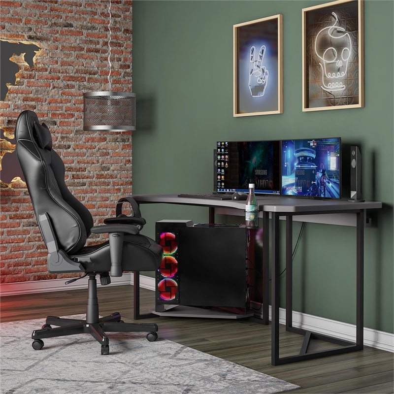 Pemberly Row Modern Wood Gaming Desk with CPU Stand in Dark Gray/Black