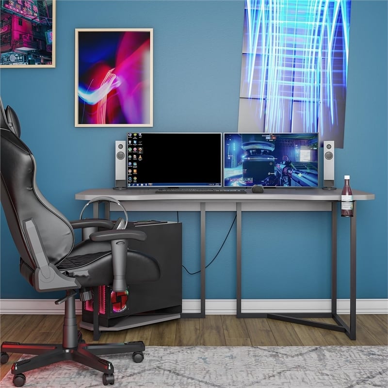 Pemberly Row Modern Wood Gaming Desk with CPU Stand in Dark Gray/Black