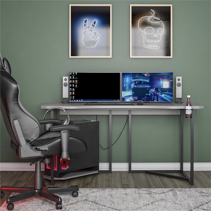 Pemberly Row Modern Wood Gaming Desk with CPU Stand in Dark Gray/Black