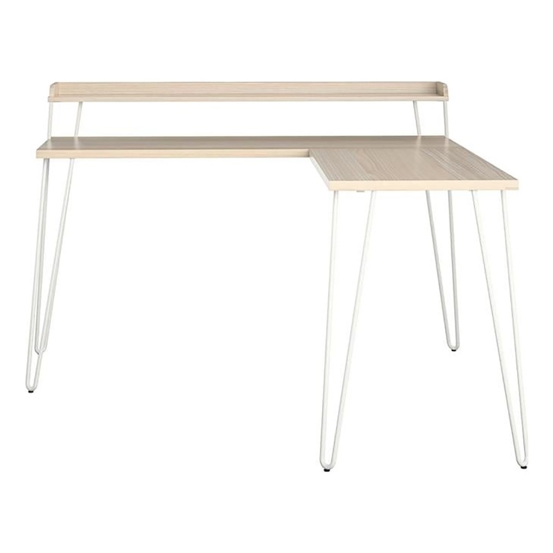 Pemberly Row Modern Wood/Metal L Desk with Riser in Light Brown