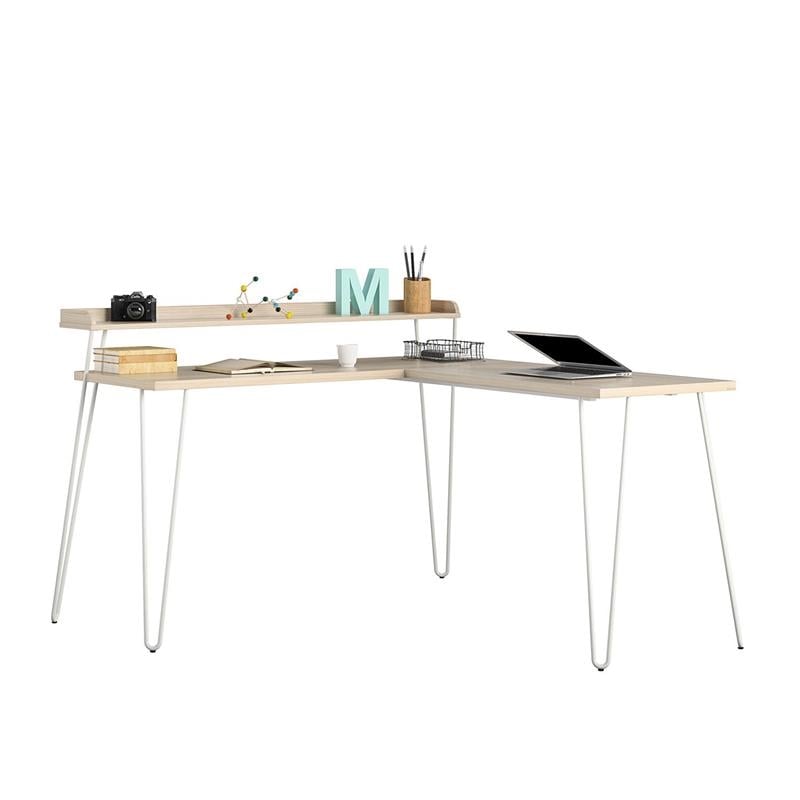 Pemberly Row Modern Wood/Metal L Desk with Riser in Light Brown