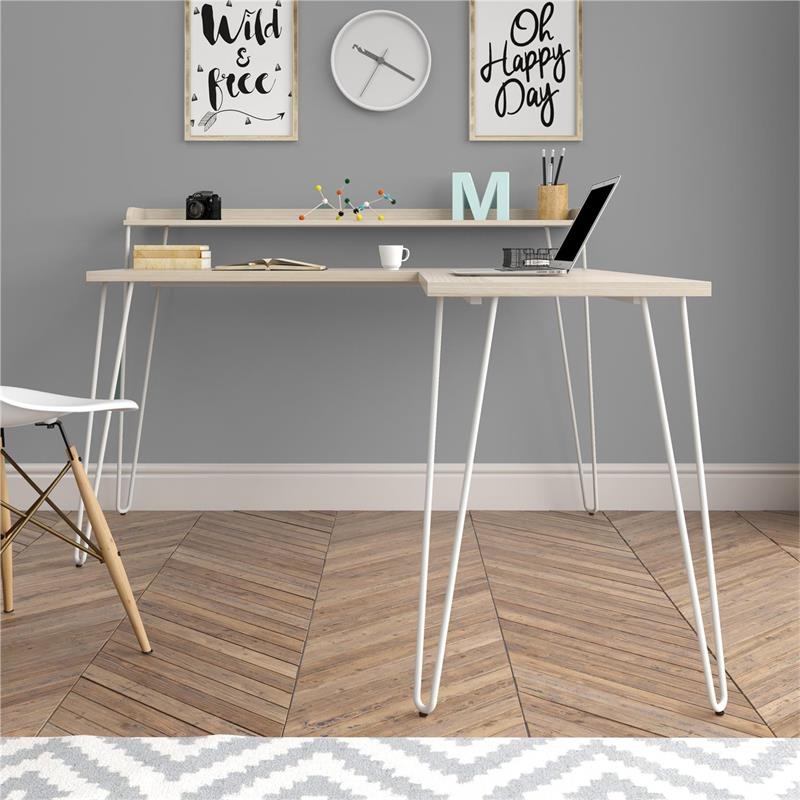Pemberly Row Modern Wood/Metal L Desk with Riser in Light Brown