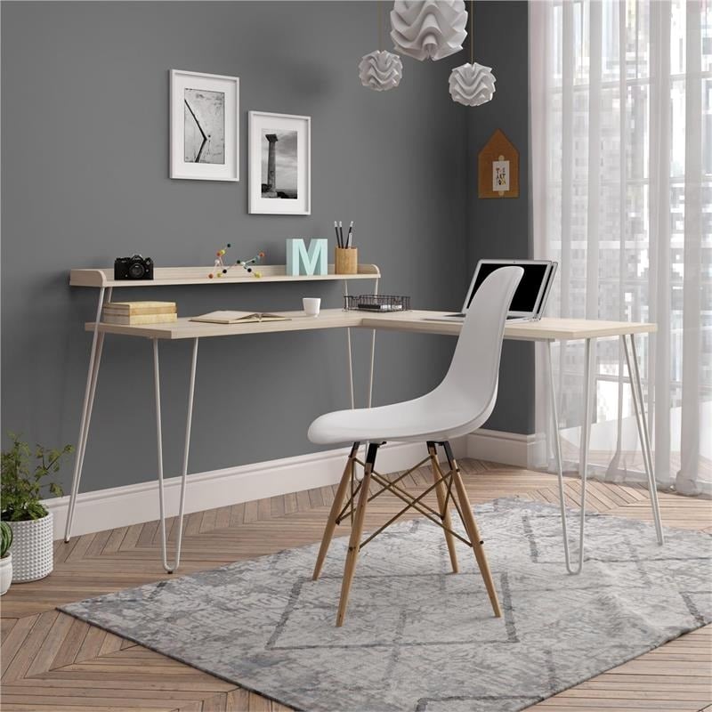 Pemberly Row Modern Wood/Metal L Desk with Riser in Light Brown